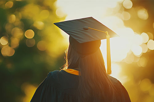 Female graduate walking towards light with trees ahead of her.